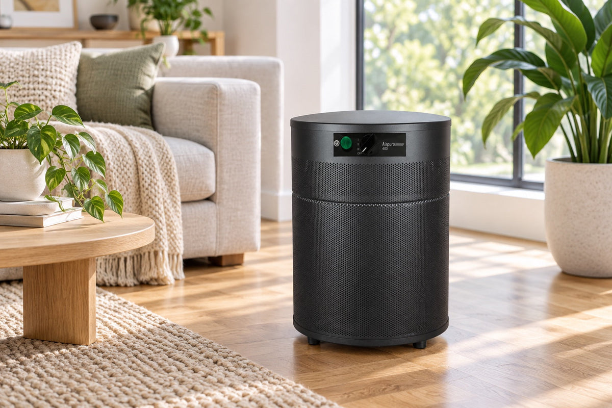 Airpura R400 air purifier on a wood floor in a bright modern living room
