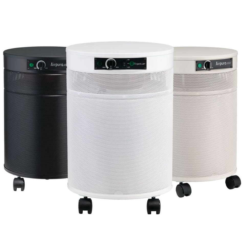 Three cylindrical air purifiers with wheels in black, white, and beige