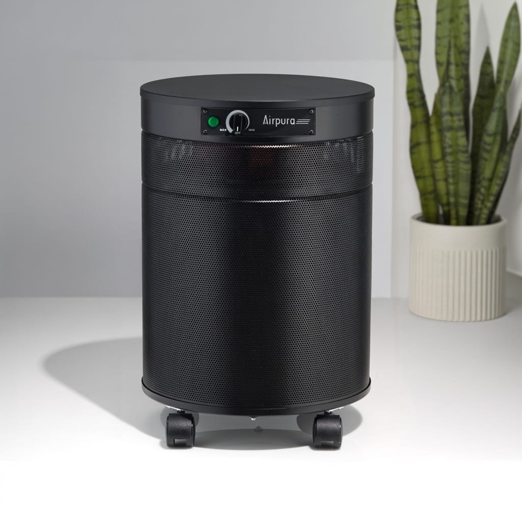 Black Airpura c600dlx air purifier with a plant in the background