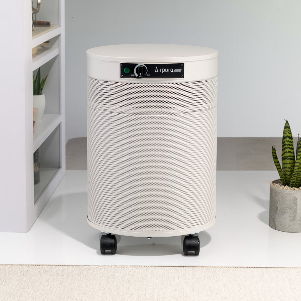 Cream-colored Airpura c600dlx air purifier between a bookcase and planter