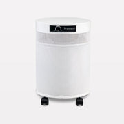 Airpura V614 air purifier in white, front view with control dial and caster wheels