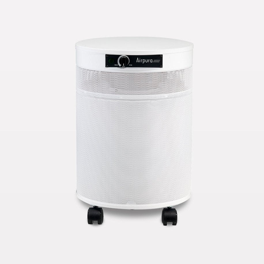 Airpura V614 air purifier in white, front view with control dial and caster wheels