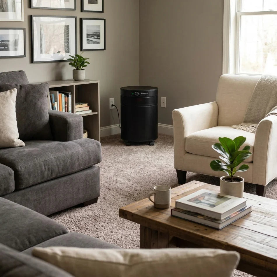 Airpura black p600 air purifier in carpeted living room