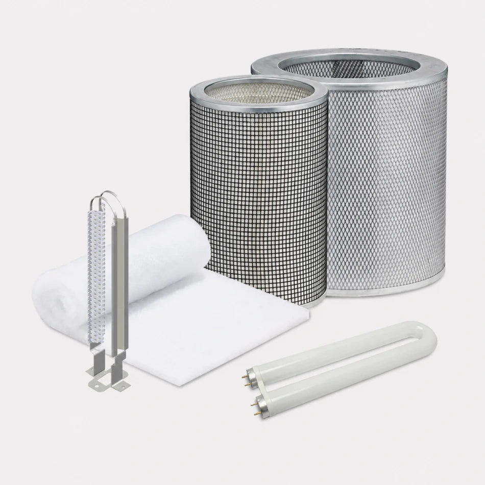 Airpura P600 complete replacement filter set — prefilter, carbon filter, HEPA filter, UV lamp, and PCO reflector