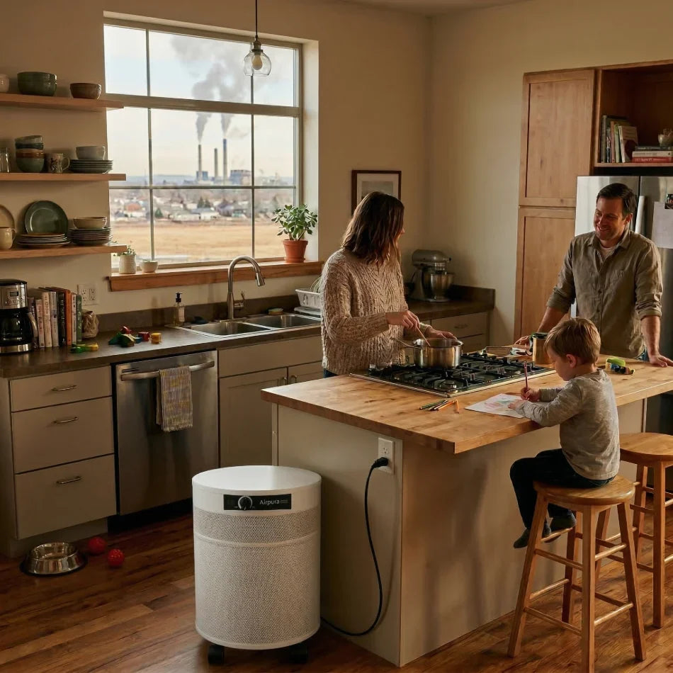 Family in a kitchen with a white Airpura V700 air purifier