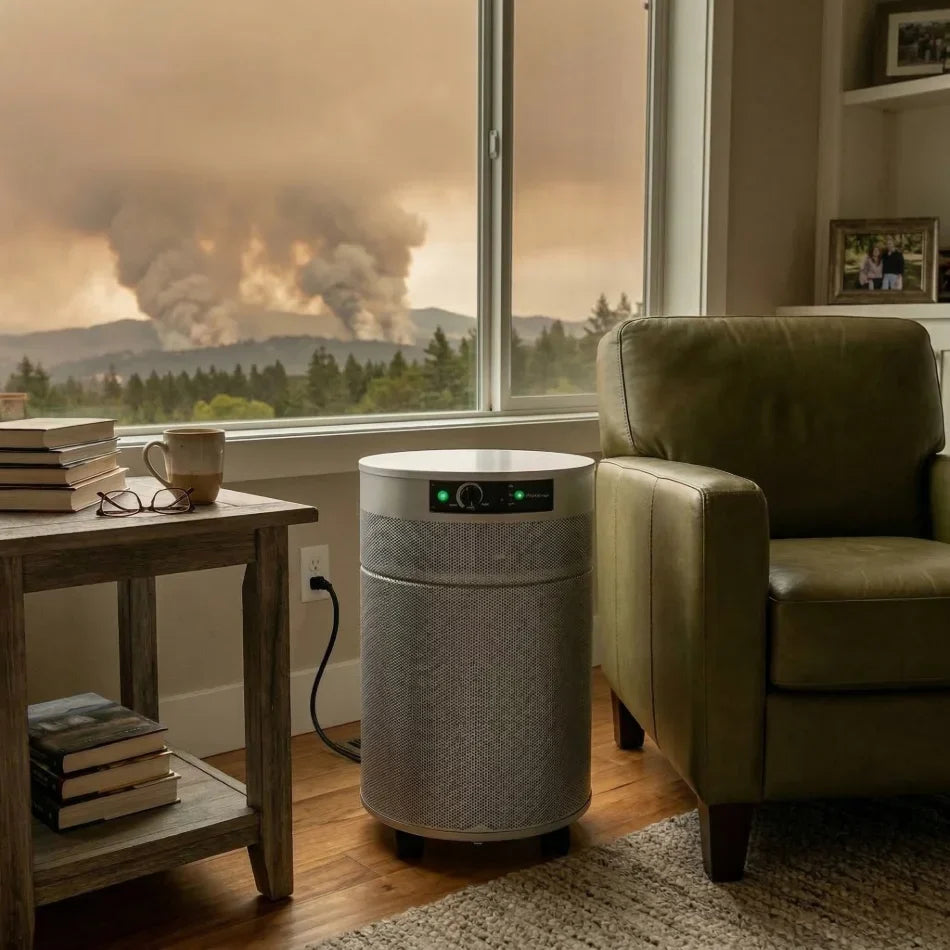 Airpura V700 air purifier in a living room with a wildfire in the background