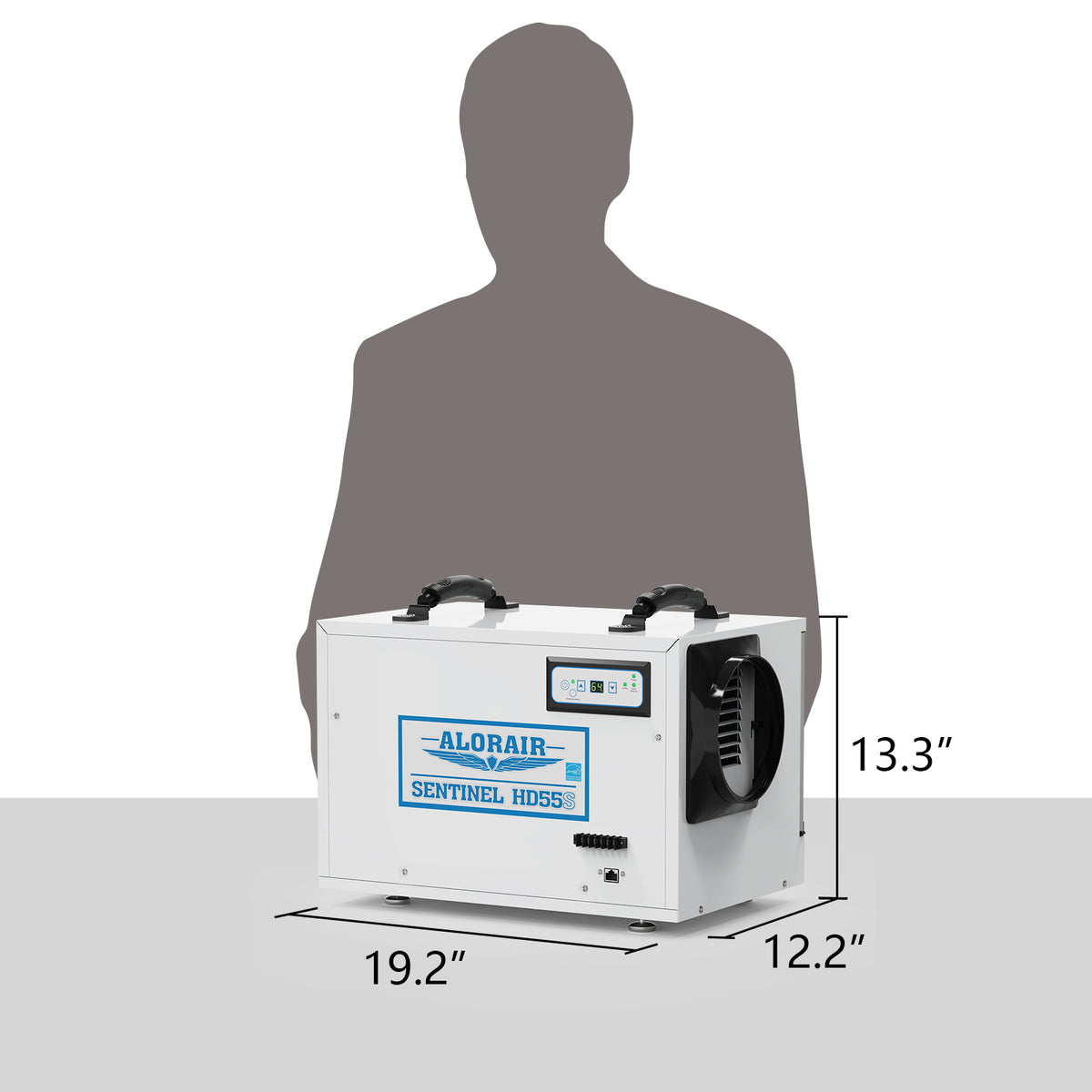 AlorAir Sentinel HD55S dimensions beside person silhouette