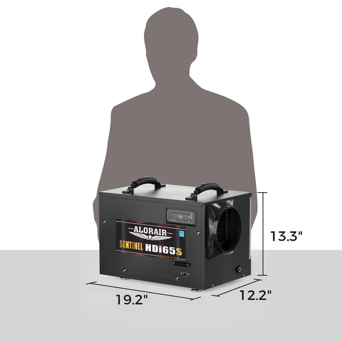 AlorAir Sentinel HDi65S dimensions beside person silhouette