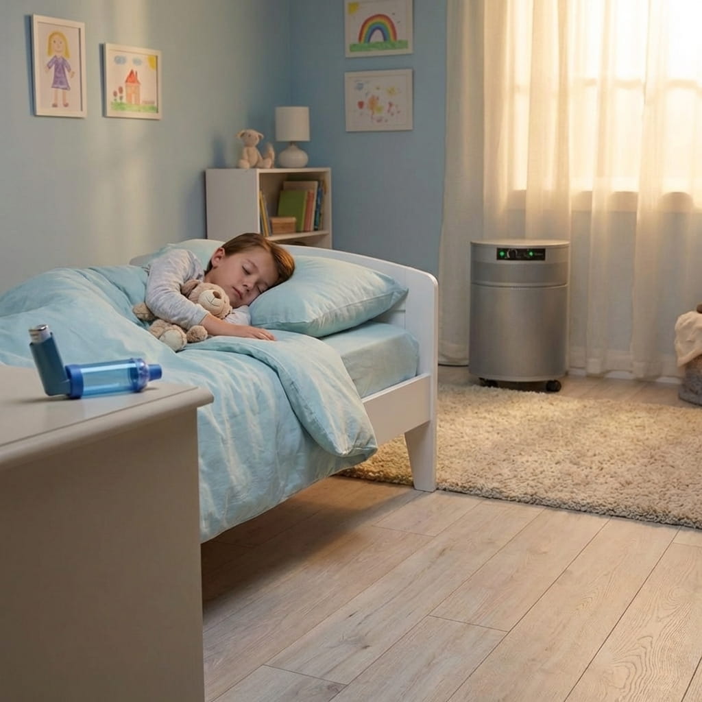 Child sleeping in a bedroom with an Airpura i600 air purifier on the floor