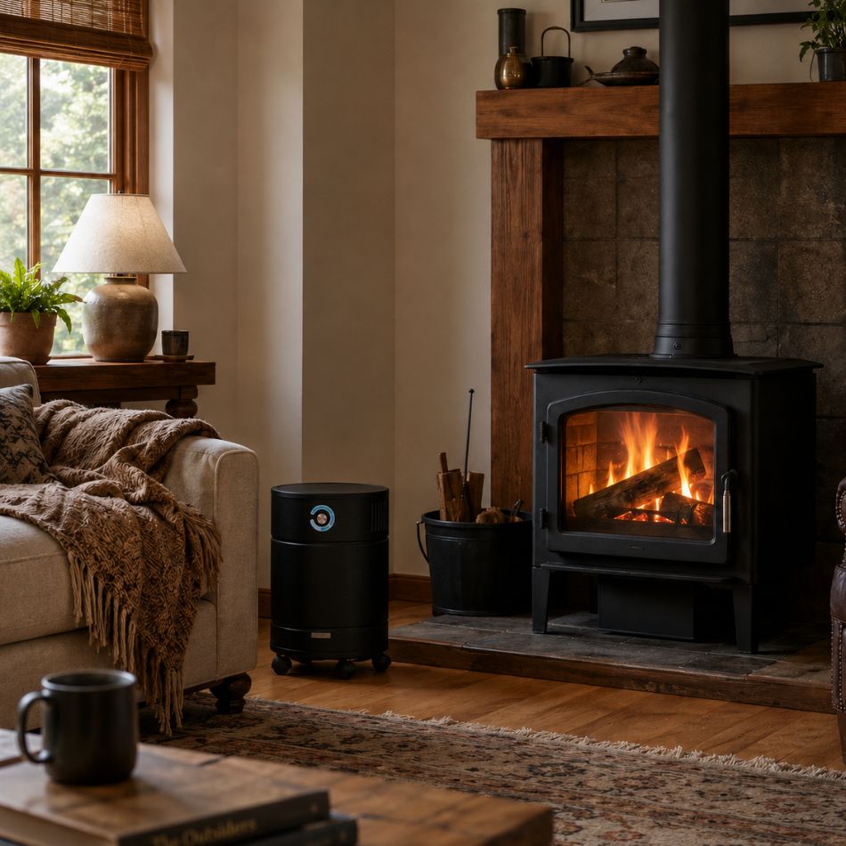 den with wood burning stove and allerair airmedic pro 5 hds air purifier