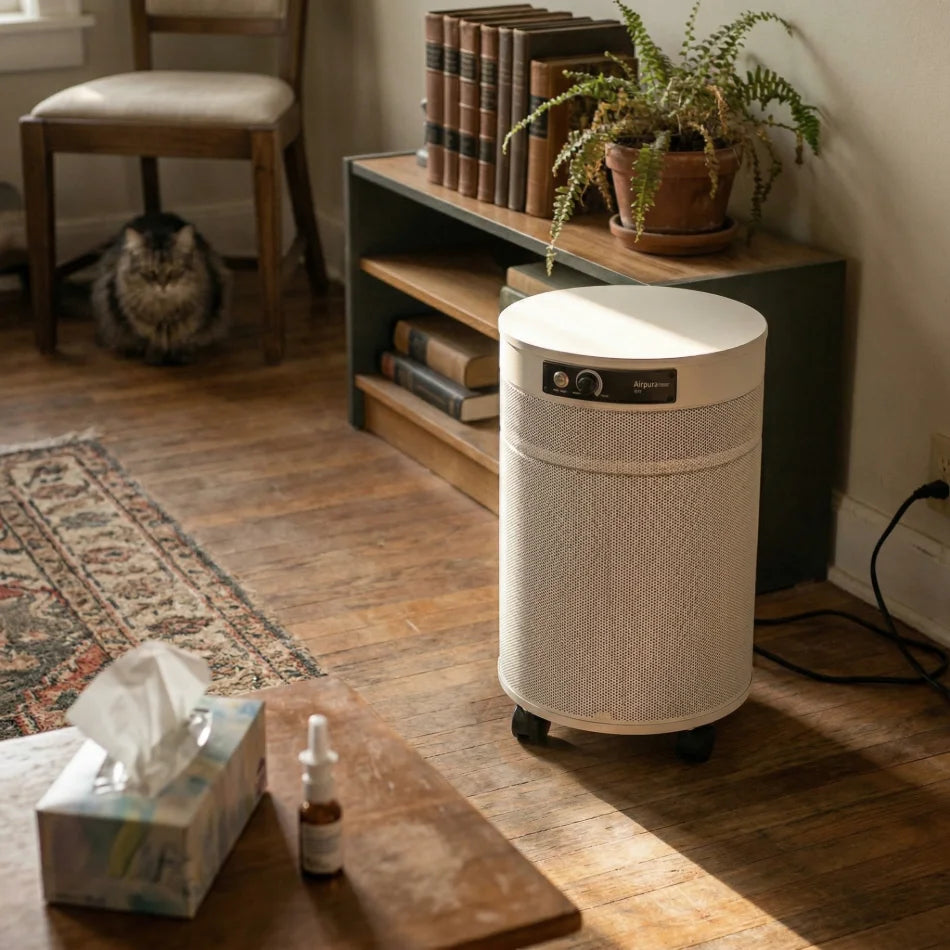 den with airpura i700 air purifier on wooden floor