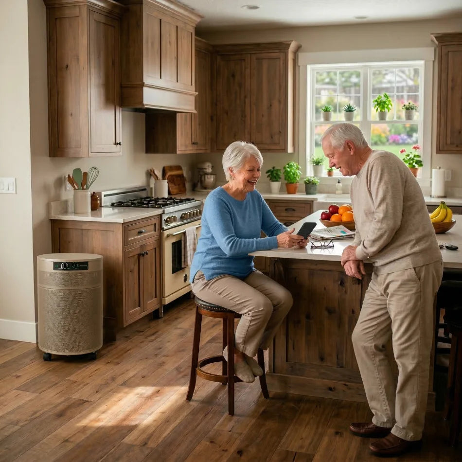 senior couple in open kitchen with Airpura p600 champagne mist air purifier