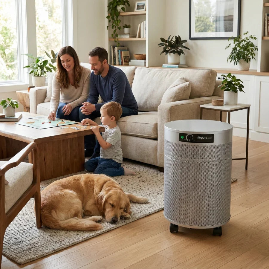 Family sitting on a couch with a dog in a living room, air purifier on the floor.