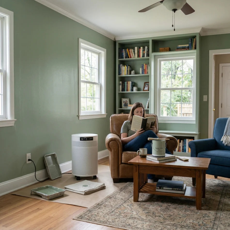 Woman reading a book in a den with the Airpura C700 white air purifier on the floor