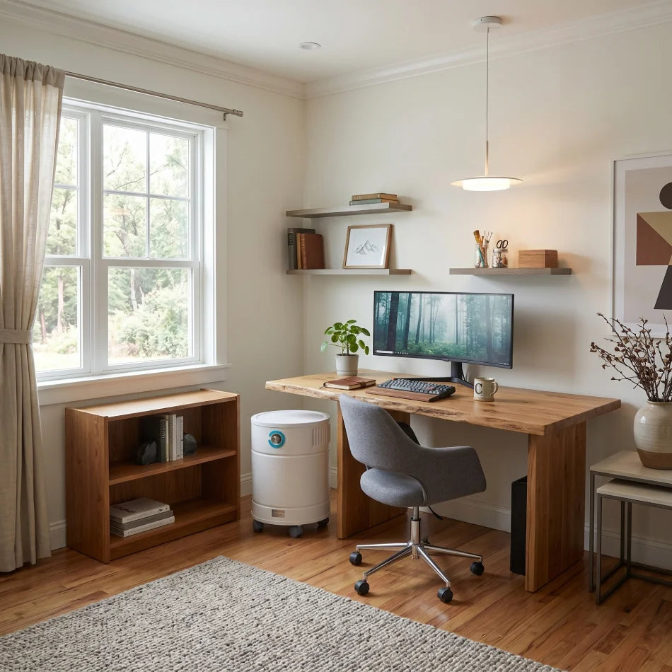 home office with allerair airmedic pro 5 mcs air purifier