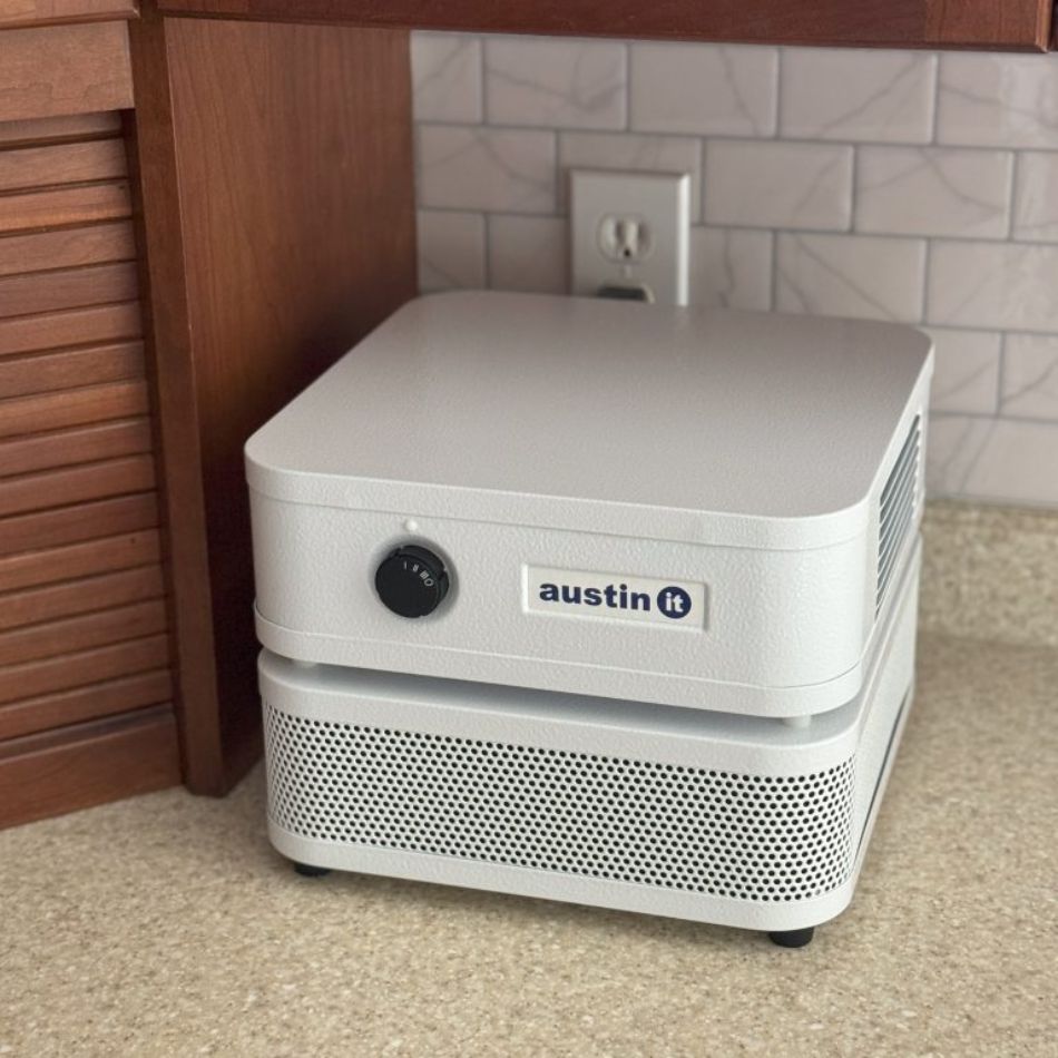 kitchen counter with Austin air "it" air purifier