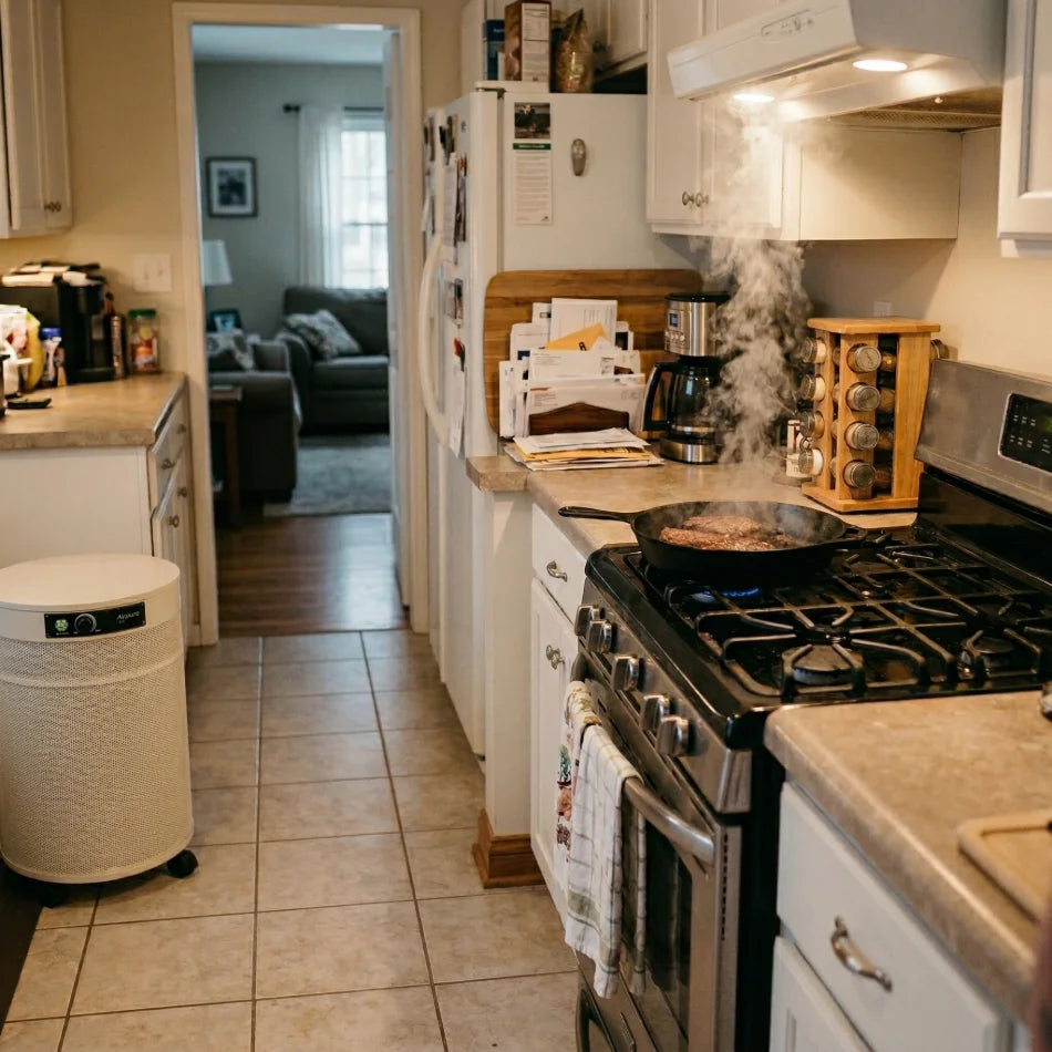 Kitchen with food cooking in a pan and an Airpura C700 air purifier on the floor