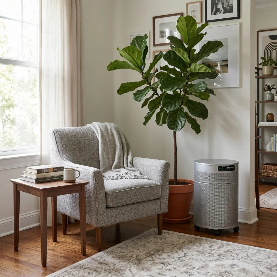 Living room with a gray armchair, endtable, potted plant, and a silver Airpura c600dlx air purifier