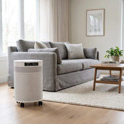 Airpura i600 air purifier in living room with sofa and coffee table