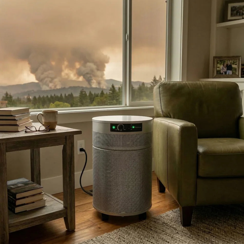 Airpura v600 purifier in a living room with a view of a wildfire in the distance