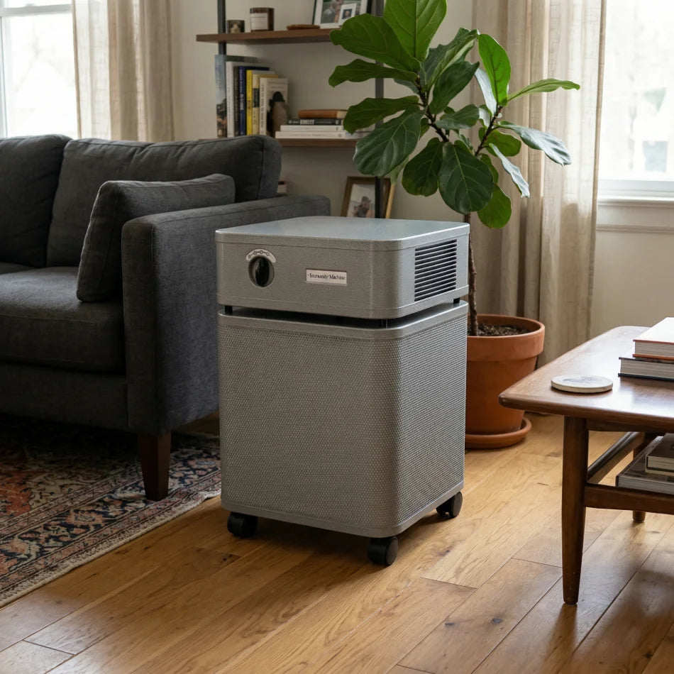 Austin air immunity machine in den next to sofa and end table