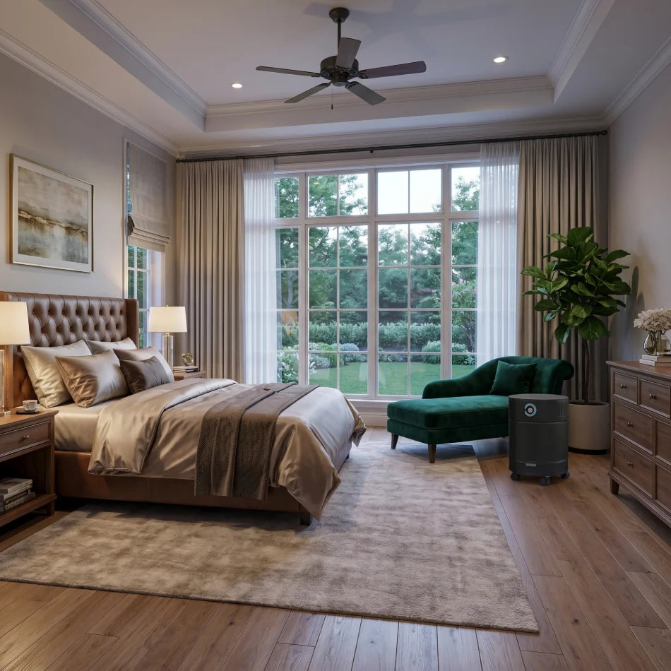 bedroom with Allerair airmedic pro 5 black air purifier
