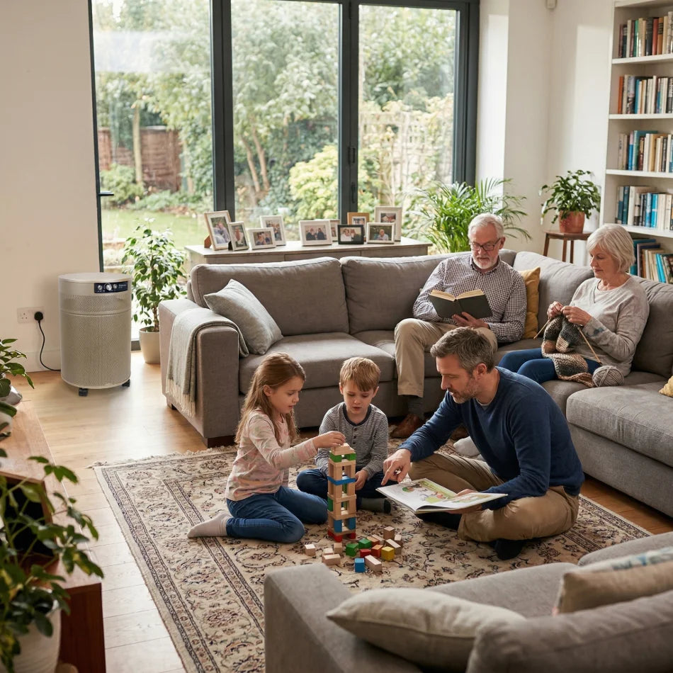 intergenerational family enjoying leisure activities in living room with airpura p700 air purifier