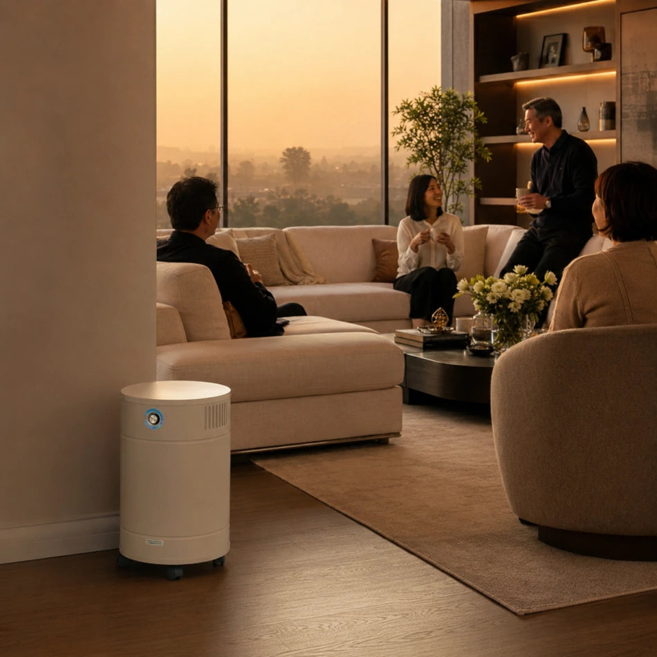 adults in luxury apartment with allerair airmedic pro 6 ultra s smoke eater air purifier in a wildfire region 